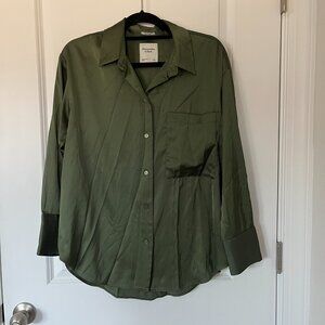 Abercrombie & Fitch Oversized Olive Green Small Silky Long Sleeve Button up Top